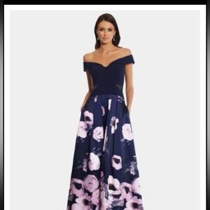 Long off shoulder dress , purple with flowers
